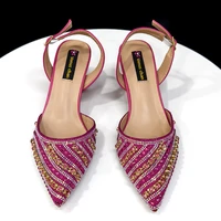 2025 Shiny Italian Fashion Pointed Toe Women Heel Fashion Rhinestone Decoration Fuchsia Color Shoes And Bag Set 2