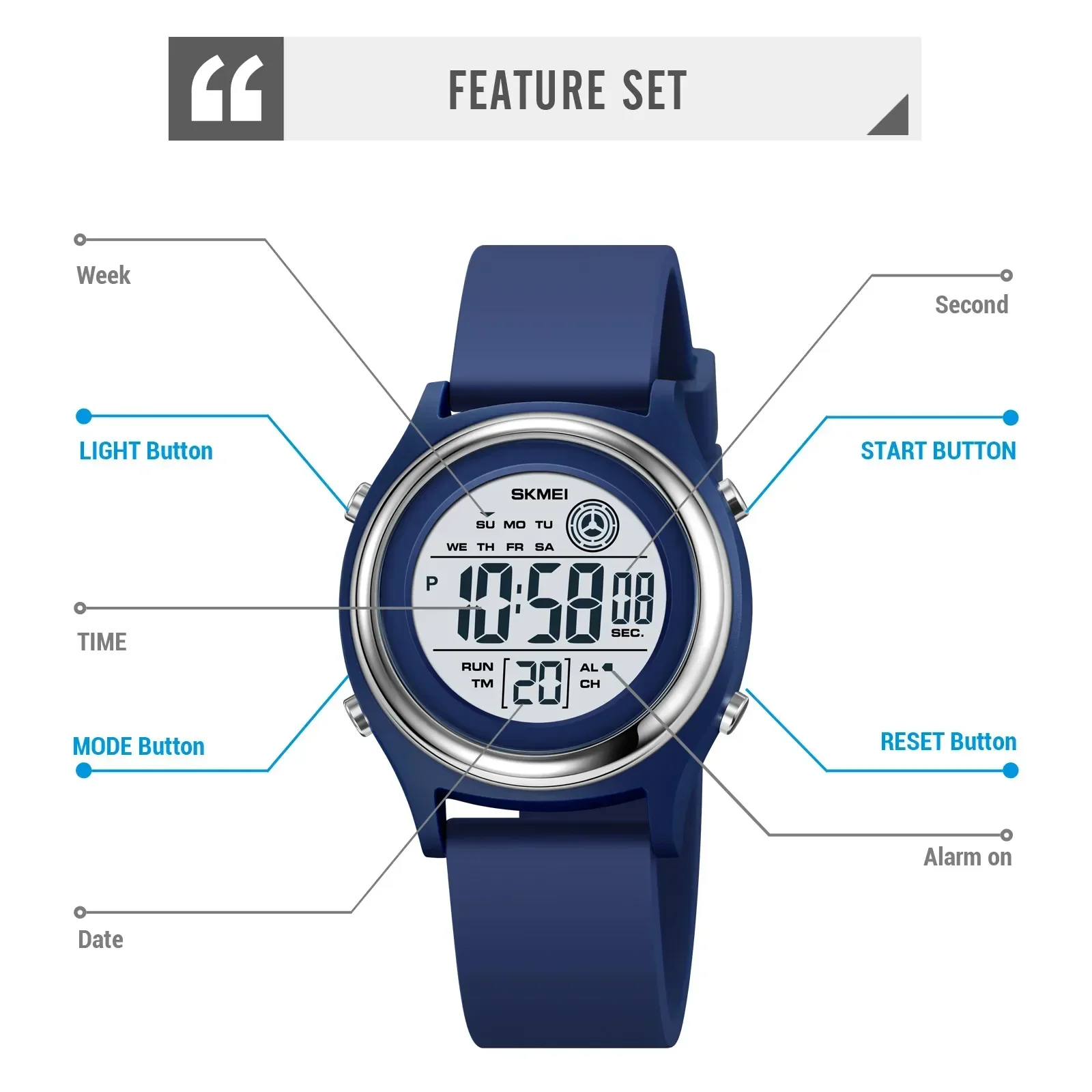 SKMEI 2094 Women Stopwatch Lady Wristwatch 50M Waterproof Shockproof reloj mujer Back Light Display Countdown Digital Watches 5