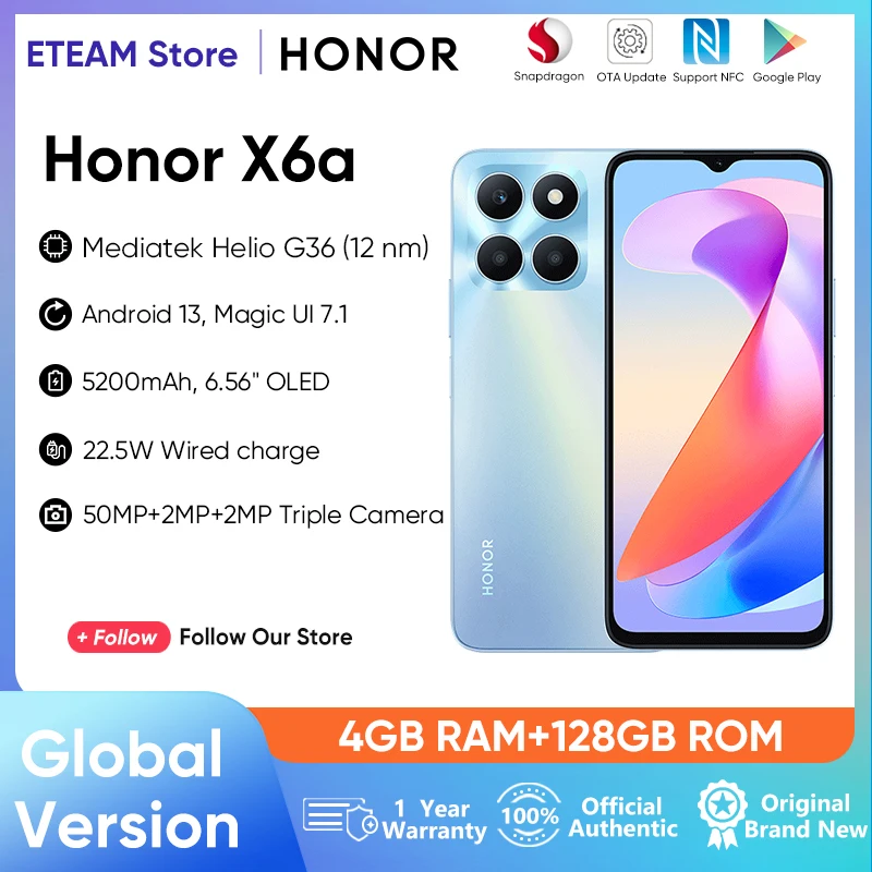 

Original Honor X6a Global Version 6.56" 90Hz Fullview Display 4GB RAM 128GB ROM 5200mAh Battery 50MP Triple Cameras Android 13