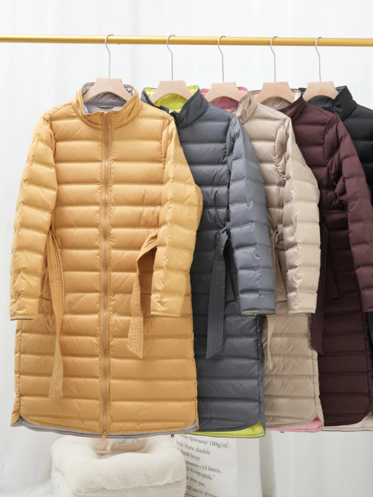

Fitaylor Autumn Winter Women Stand Collar Sash Tie Up Midi Jacket Casual Loose White Duck Down Coat Light Puffer Parka Outwear