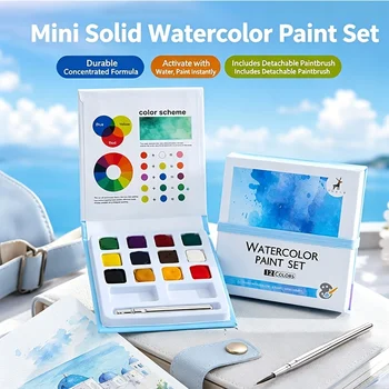 Tavolozza Compatta per Miscelazione Acquerelli 12 Colori, Portatile per Viaggi, Schizzi all'Aperto, Artisti, Studenti, Hobbisti, Forniture per Disegno e Pittura