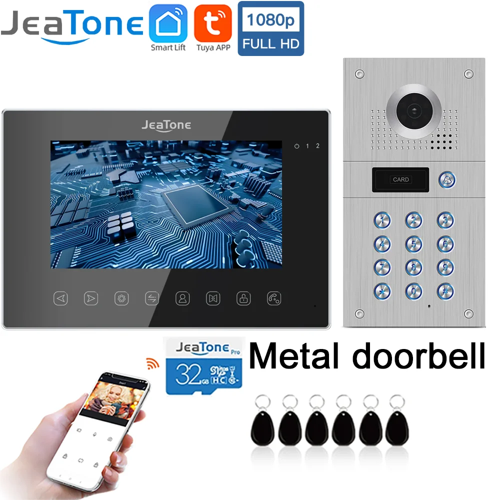 Jeatone Tuya WiFi 1080P Video Intercom RFID Code Keypad Doorbell Cam 7 Inch Home Security Video Door Phone Access Control System