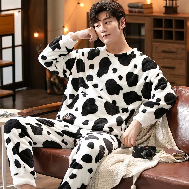 2021 Winter Long Sleeve Thick Warm Flannel Pajama Sets for Men Cute Cartoon Coral Velvet Sleepwear Pyjamas Homewear Home Clothes cheap pajama pants Men's Sleep & Lounge