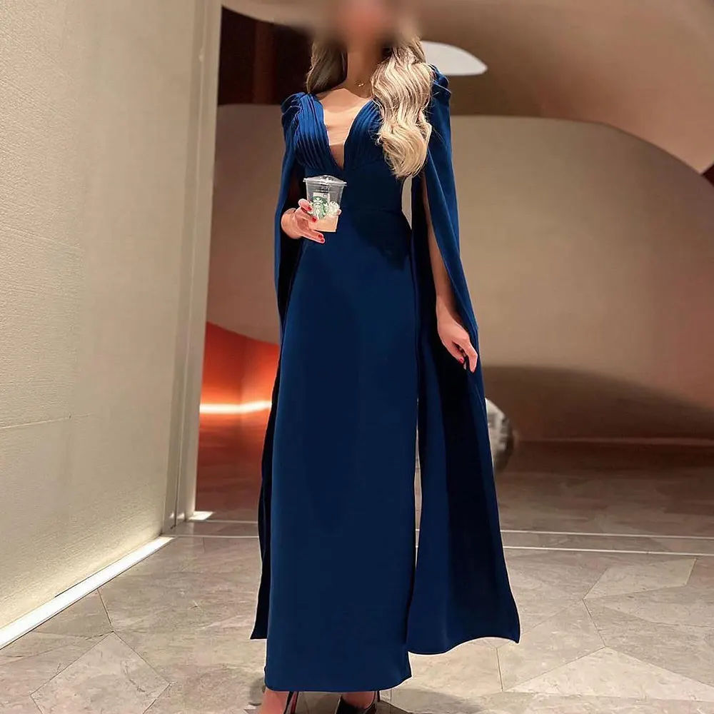 

Rose Novias Mermaid Prom Dress Long Sleeve V-Neck Draped Zipper Elegant Party Gown Saudi Arabian Women's Jersey Evening Dresses
