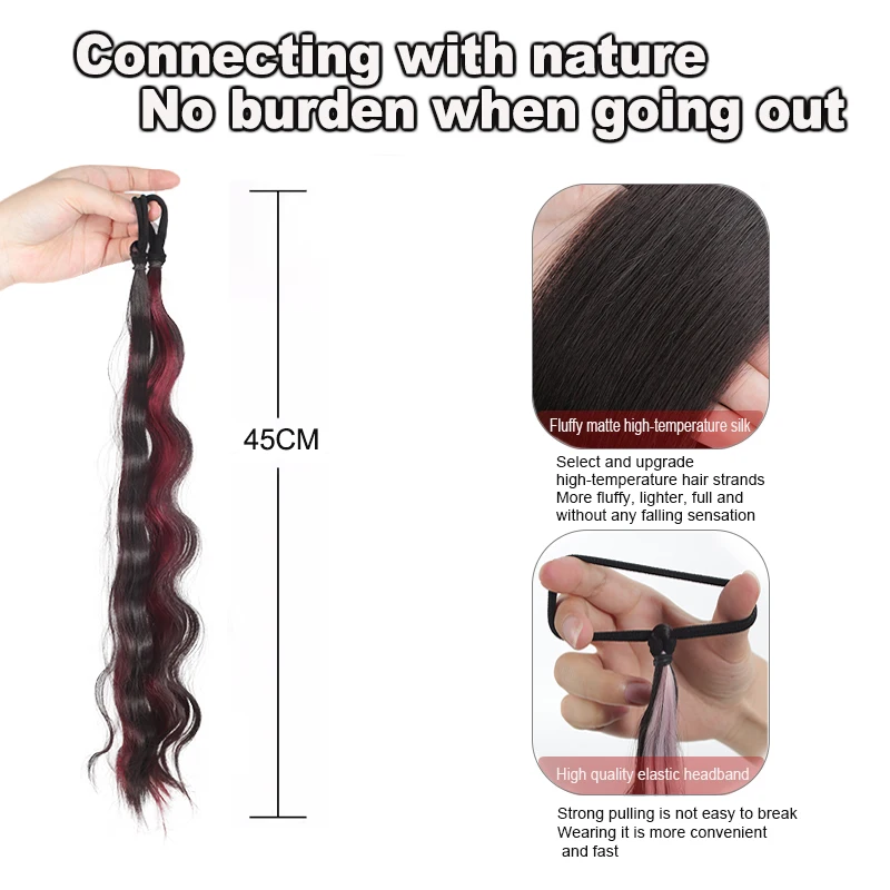 LUPU 18-inch Rainbow Long Curly Ponytail Hair Extensions Synthetic Rubber Band Style for Fashion Party Role-Playing