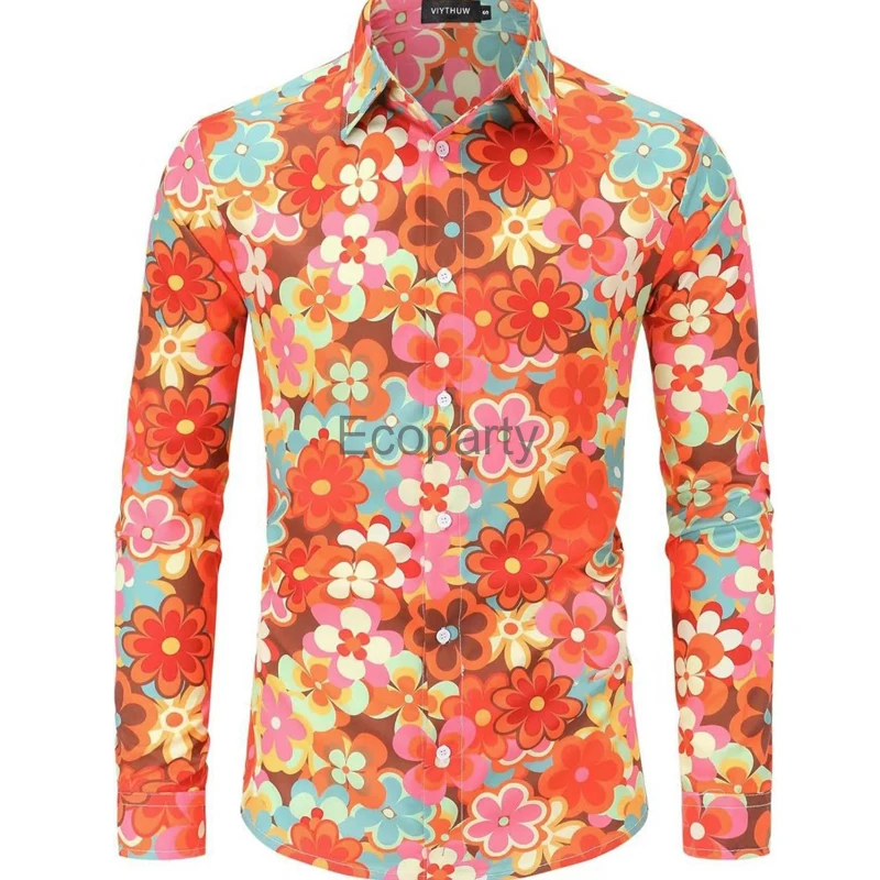 New Men's Vintage 80s Hip Hop Costume Retro Printed Long Sleeve Shirts Halloween Purim Carnival Disco Party Costume Tops