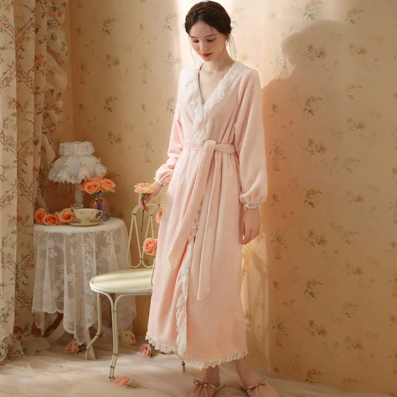 

Women Winter Velvet Robes Sexy V Neck Bride Dressing Gown Cute Long Sleeve Kimono with Sashes Female Solid Comfortable Sleepwear