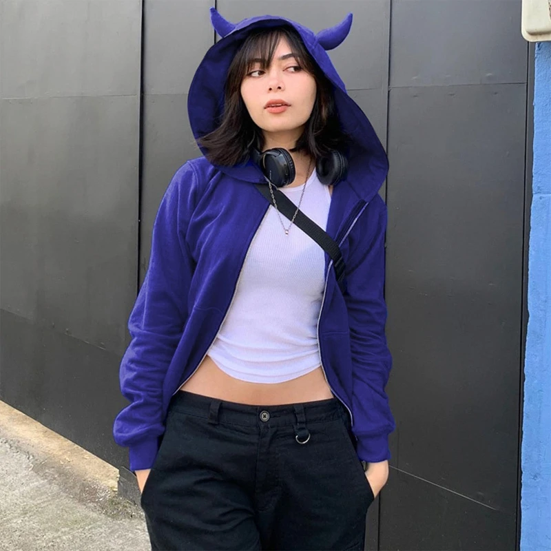

Women Long Sleeve Loose Zip Sweatshirt Devil Horns Goth Hooded Jacket Outerwear
