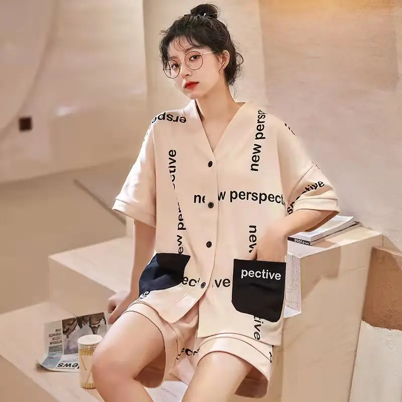 

New Pajamas Women Summer Cotton Short Sleeve Thin Loose Pajamas Suit Fashion Ladies Clothing Sleepwear Cardigan Homewear Set
