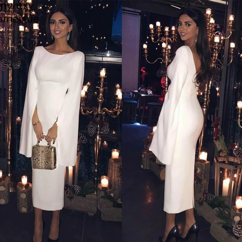 

Элегантное белое коктейльное платье-футляр с длинным рукавом, тонкое вечернее платье с открытой спиной, Vestido De Fiesta, высокое качество