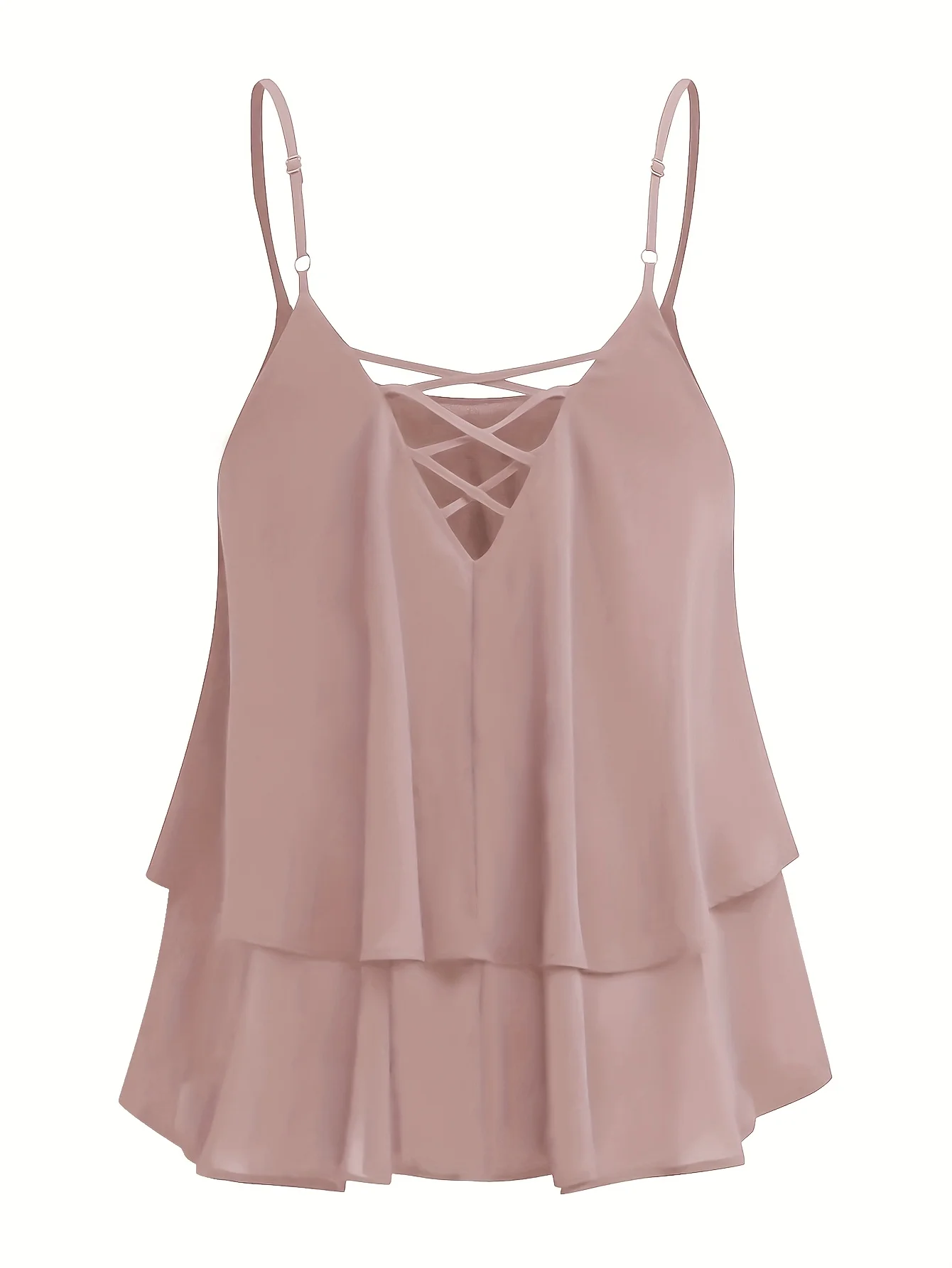 plus Size Ladies Solid Color Chiffon Double Layer Meat Concealing Top with Fine Strap Cross Back Design for Daily Commuting And 1