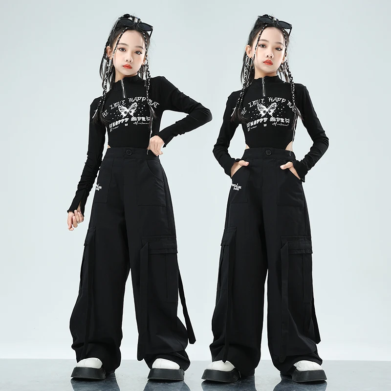 

2023 Hip Hop Girls Costume Long Sleeves Black Tops Pants Jazz Dance Clothes Ballroom Practice Wear Stage Performance Suit L12114
