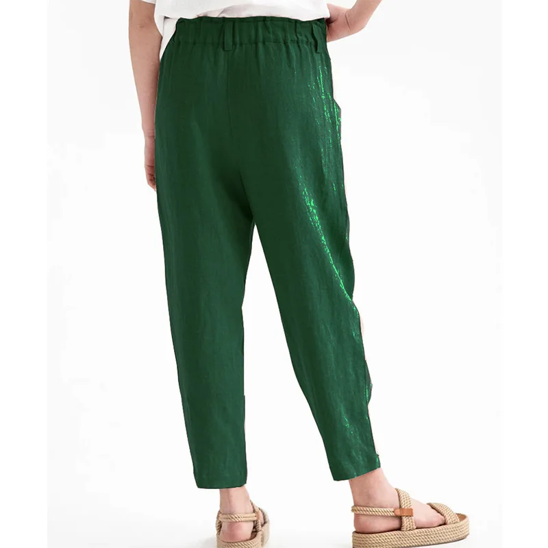 2023 Spring Summer Womens Clothing Cotton Linen Elastic Mid Waist Trousers Fashion Patchwork Pockets Loose Wide Leg Pants
