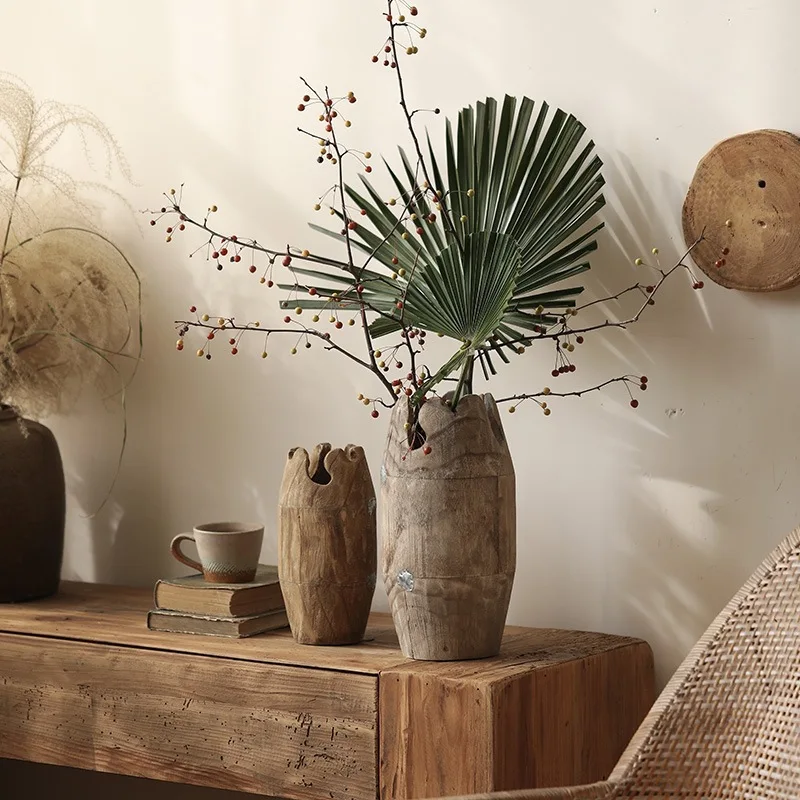 

Wooden barrel paulownia wood flower cuttings Retro old B&B solid wood vase Wabi-sabi wind flower bucket home ornaments