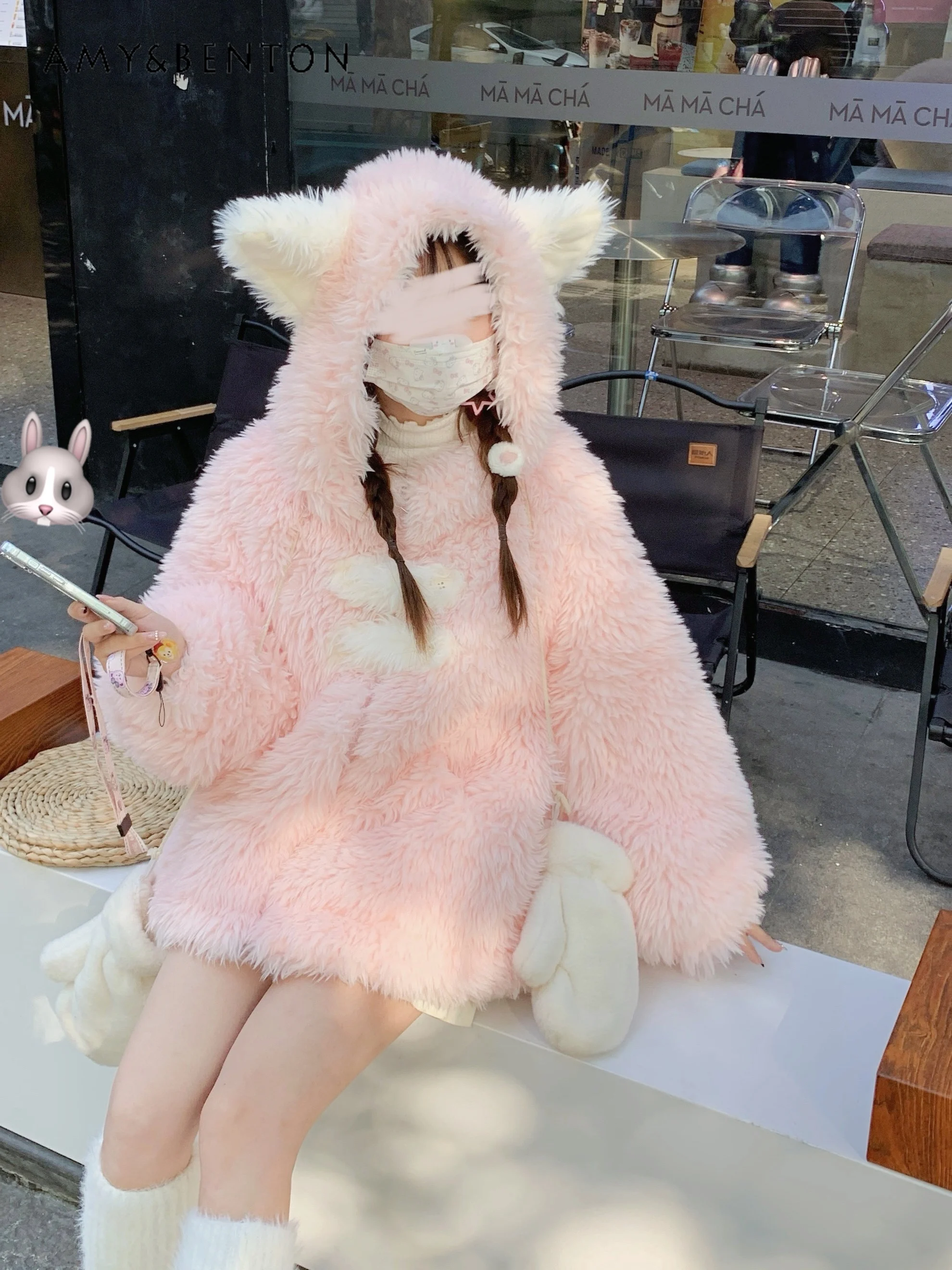 

Sweet Cute Cartoon Ears Hooded Plush Coat Women Kawaii Loose Warm Faux Fur Jacket Winter Preppy Style Y2K Hot Girl Pink Jackets