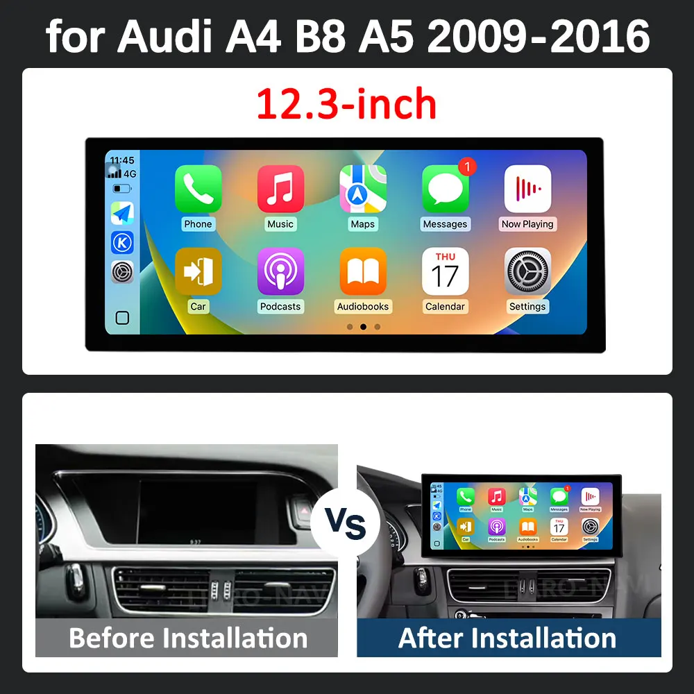Radio Multimedia para Auto con Android 16 y Carplay Inalámbrico para Audi A4 B8 A5 2009-2016, GPS, Navegador, Pantalla Ultrafina, DSP, Estéreo, WiFi 6