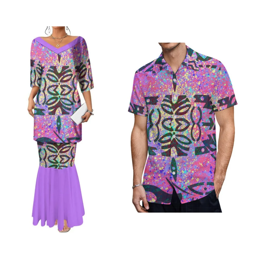 

Women'S Puletasi V-Neck Fishtail Dress Suit And Hawaiian Men'S Beach Aloha Shirt Polynesia With Plus-Size Couple Suit