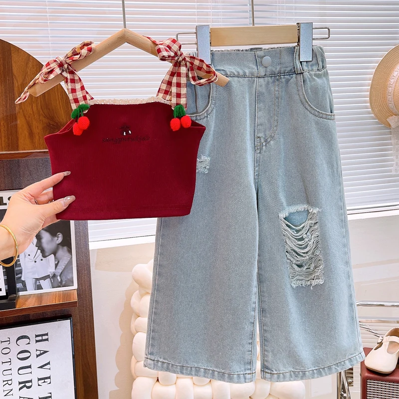 

Summer Girls Fashion Clothing Set Cherry Embroidery Suspender T-shirt+Hole Wide Leg Jeans 2Pcs For 3-8 Years Casual Outfit