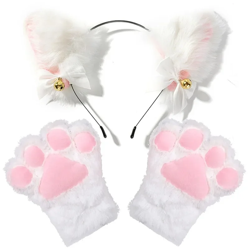 Anime Hair Accessories Costume Headband Cat Ear Bow Headband Necklace Cat Claw Gloves Cosplay Plush Bell Hairband Women Girl Masquerade Party Headwear Hair Accessories