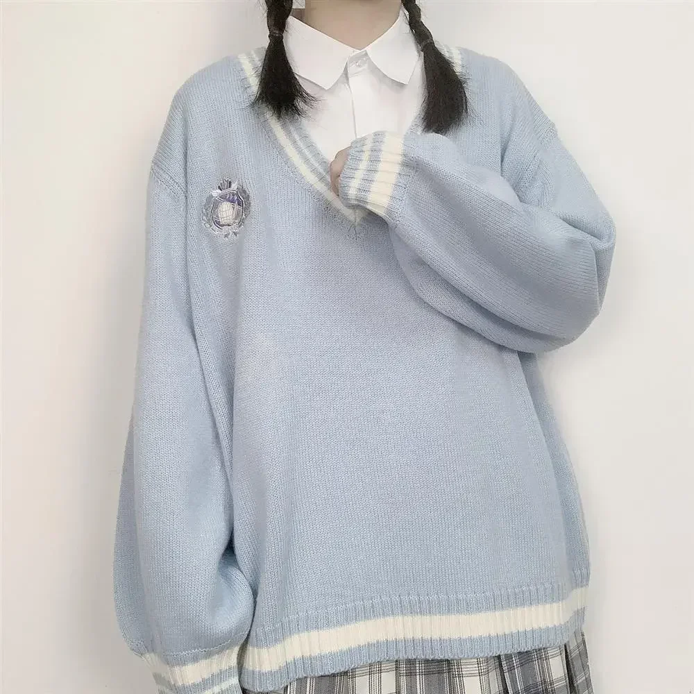 

Sweet Uniform Japanese Style Korean Sweater Knitted Pullover College Tops School Uniform Loose Student Female V-neck Outwear
