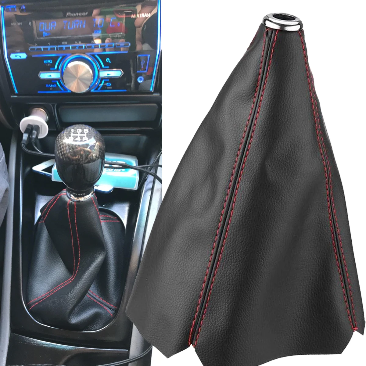 Leather Gear Stick Shift Boot Dust Cover - Black & Red