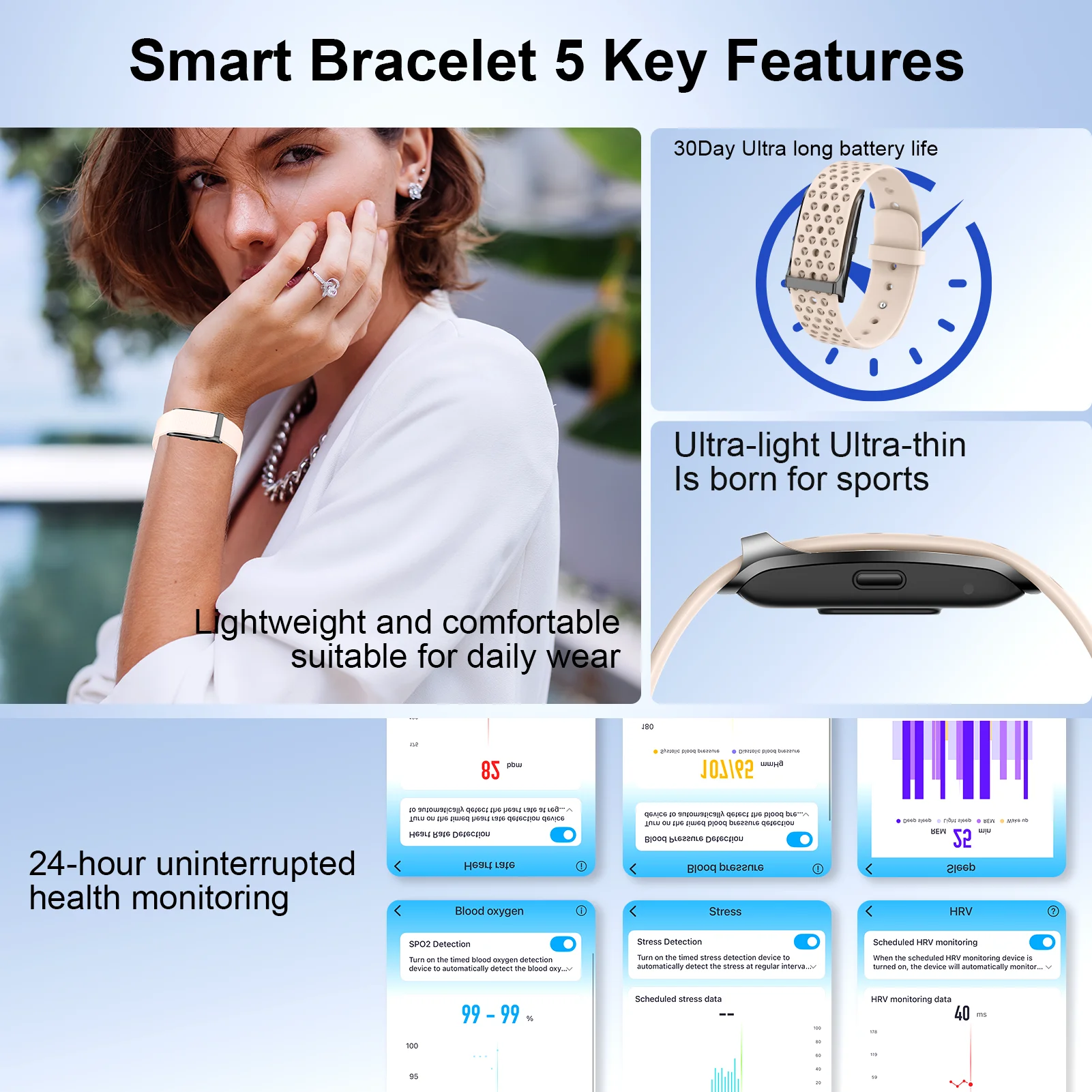 Smart Bands Heart Rate Fitness Trackers Blood Pressure Sleep Monitor 170+ Sports Waterproof Smart Wristband Free Subscription