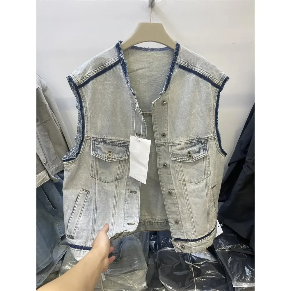 Trendy Fashionable Color Block Round Neck Beard Edge Distressed Vintage Denim Vest Women's Shoulder Vest Versatile Jacket