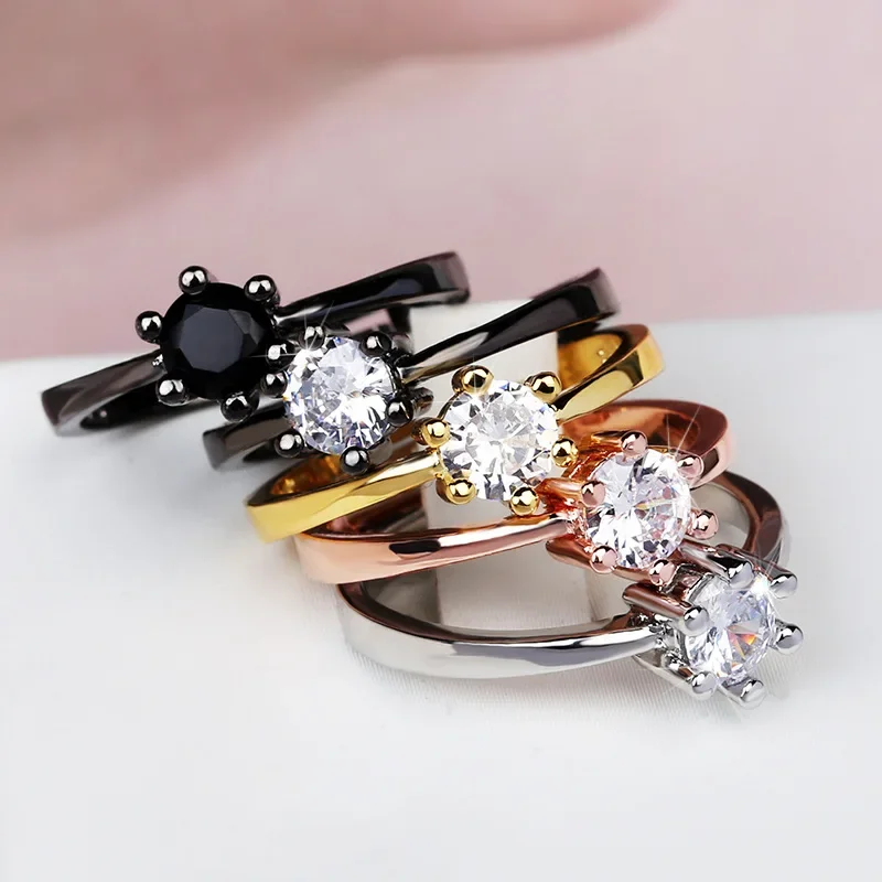 Wedding Rings Gold Rings Golden Ring Gemstone Ring Classic Six-claw Zircon Ring Jewelry Simple Black Gold White Black Diamond Ring Wedding Bridal Engagement Adjustable