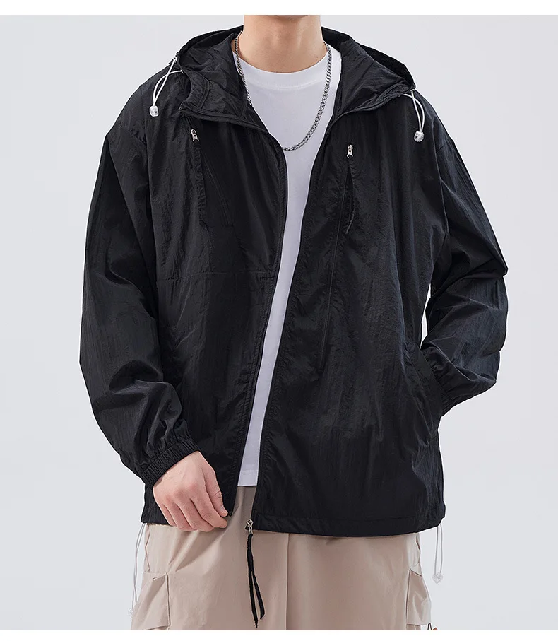 2024 Summer Sunscreen Men Ice Thin Breathable UV Sunscreen Clothing Jacket Zipper Hooded Jacket UPF50+