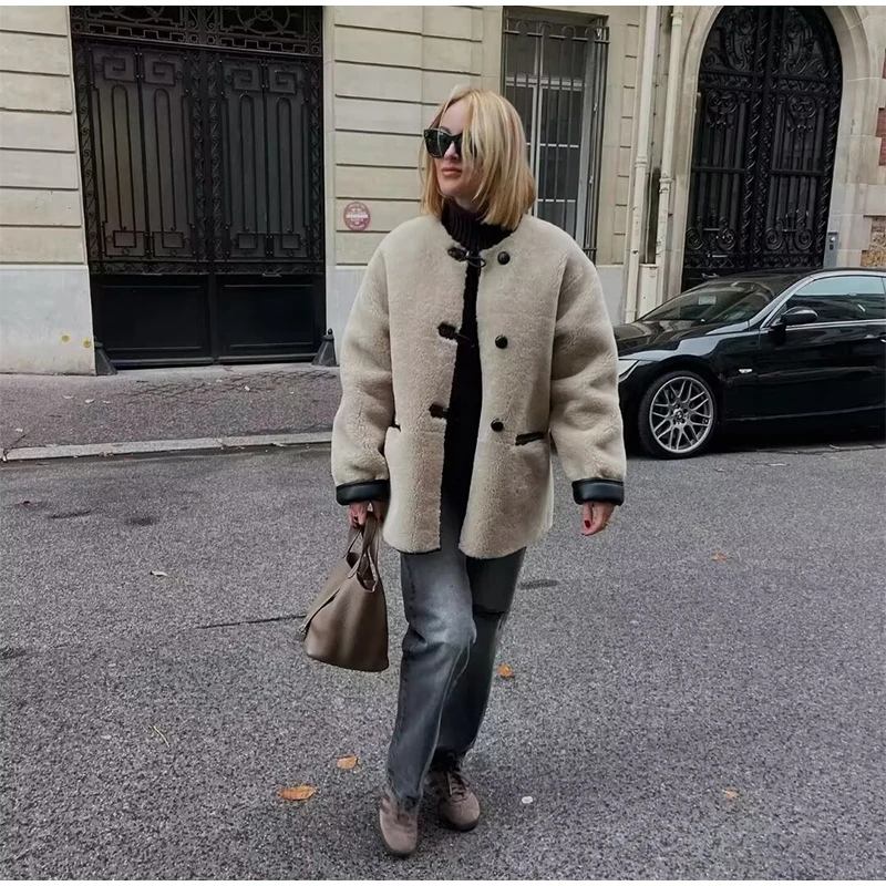 Vintage Lambs Wool Jacket For Women Loose Fleece O-neck Single Breasted Pockets Long Sleeve Fur Coat Autumn Winter Lady Outwear