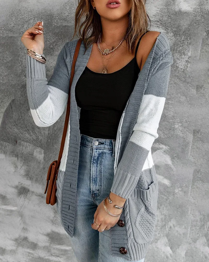 

Colorblock Pocket Button Design Braided Knit Cardigan Women Single Breasted Button Cardigan Coats Long Sleeve Pockets Sweaters