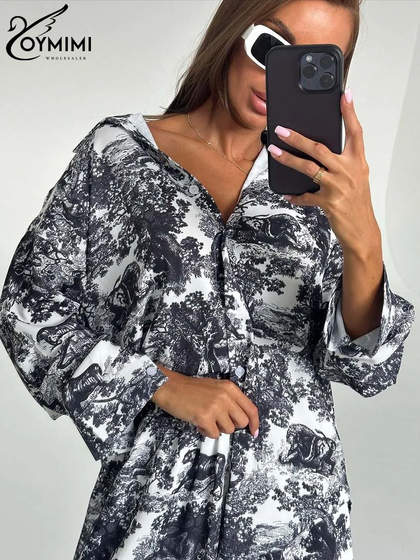 Oymimi Casual Grey Print Women 2 Piece Set Outfit Fashion Long Sleeve Button Shirts And High Waist Shorts Sets Female Streetwear