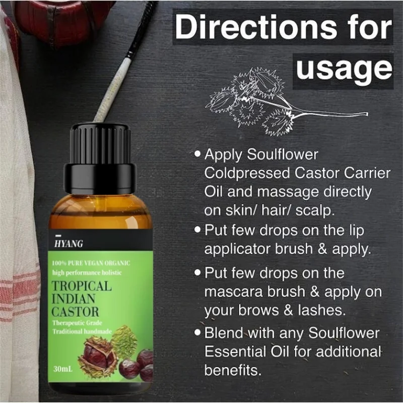 Pure Castor Oil Tropical Indian Coldpressed Organic-For Thicker Hair Volume, Eyelashes, Eyebrows, Bouncy Hair