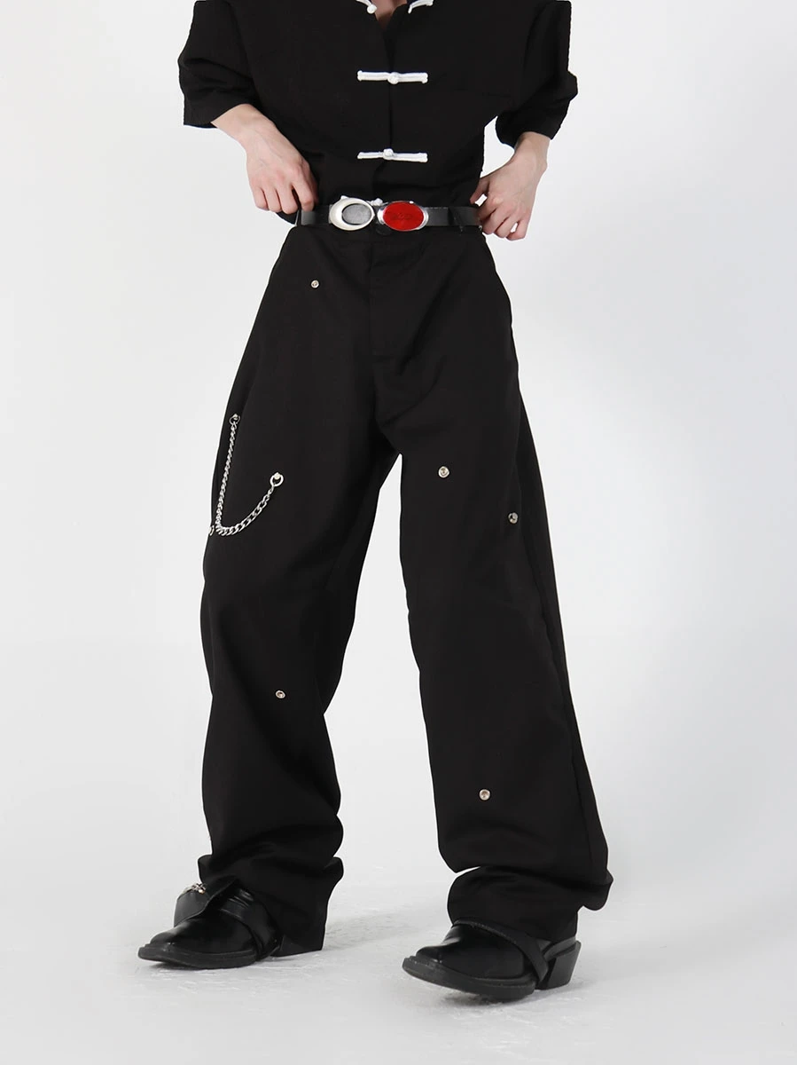 

Metal Button Design Loose Casual Pants For Men Simple High-end Chain men's Drape Trousers With pockets