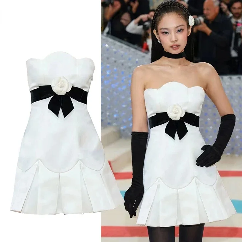 

Kpop Jennie Strapless Dress Women Vintage Elegant Bow Flower High Waist Sleeveless Designer Summer 2023 Women Formal Dresses