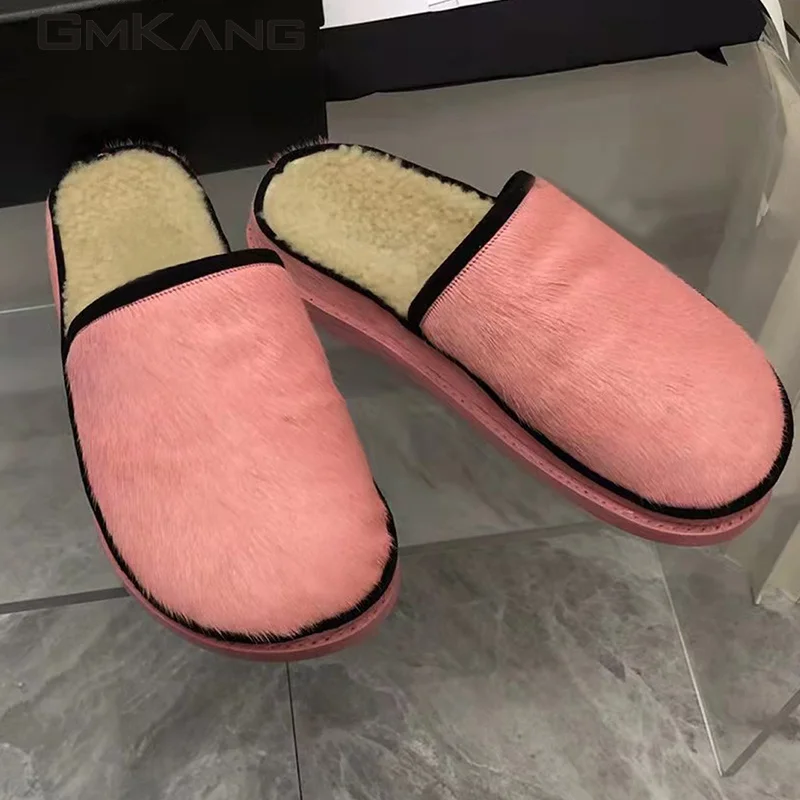 Pony wool slippers Women's metal buckle flat shoes Women's round head leisure mule winter wool slippers Walking casual shoes Men