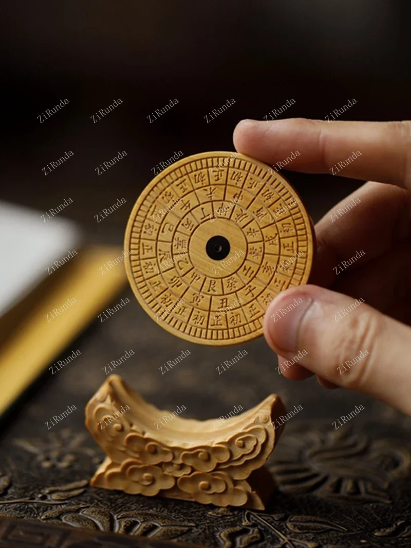 ~L Boxwood carved solid wood carved wooden compass sun clock timer imitation Forbidden City sundial ornaments incense plug.