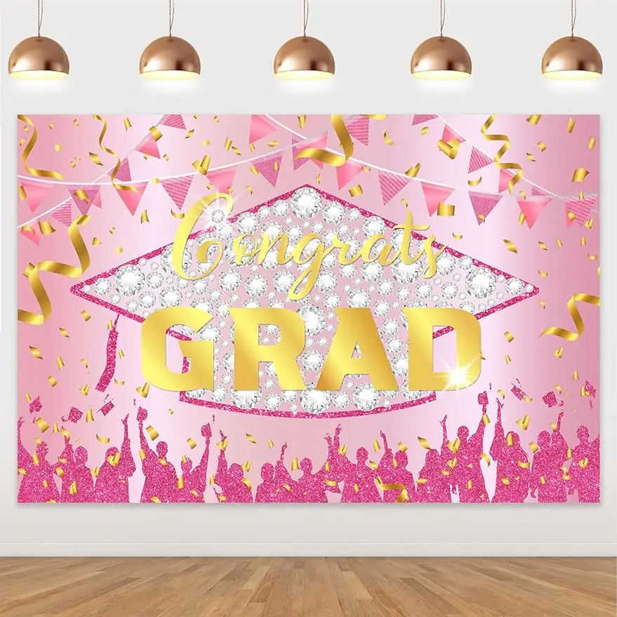 

Funmemoir 5 * 3ft 2024 Pink Gold Congrats Grad Graduation Backdrop Glitter Printed Bachelor Cap Party Background Decoration