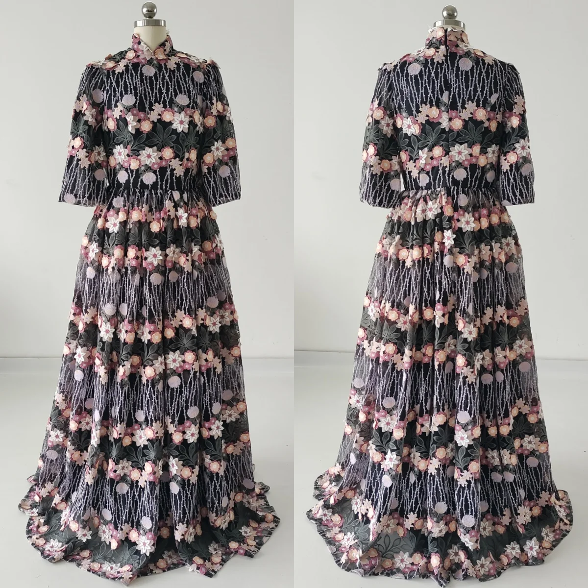 

Real Photo Muslim Evening Dresses Black Floral Modest O-neck Half Sleeves Floor-length A-line Plus size Wmoen Party Formal Gown