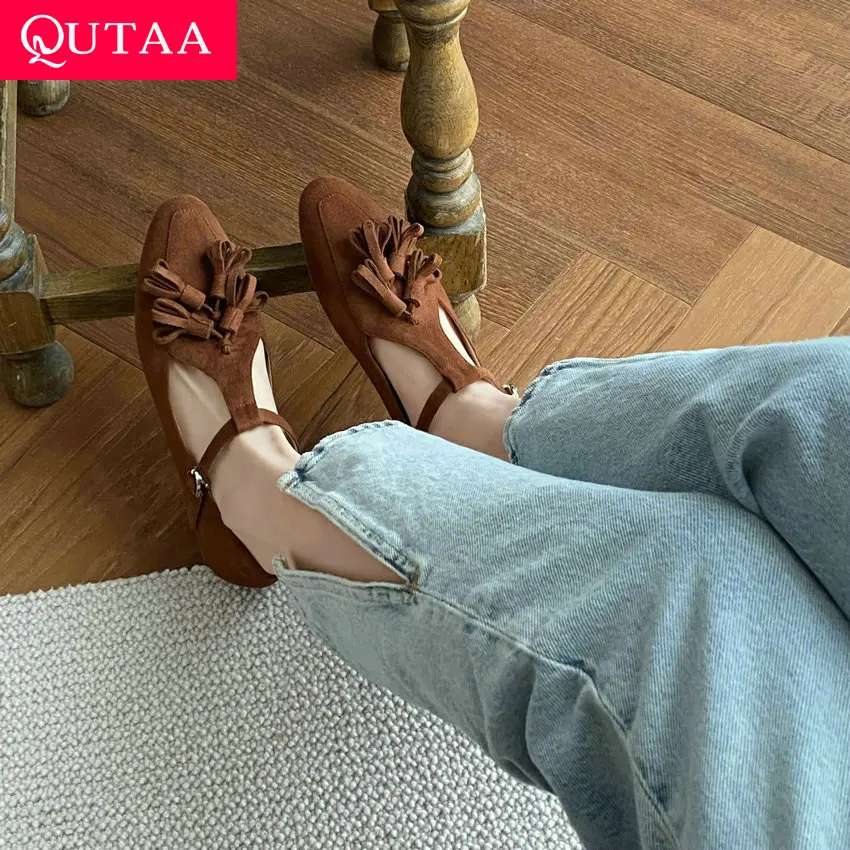 

QUTAA 2023 Women Flats Heel Summer Genuine Leather Shoes Woman Pointed Toe T-strap Tassel Casual Office Ladies Size 34-39