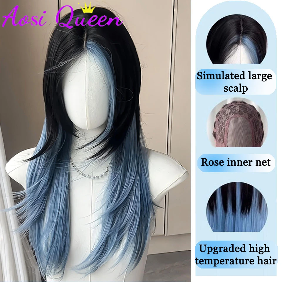 mint　アリス　ウィッグ Synthetic Black And Blue Wolf Tail Wig Female Long Hair
