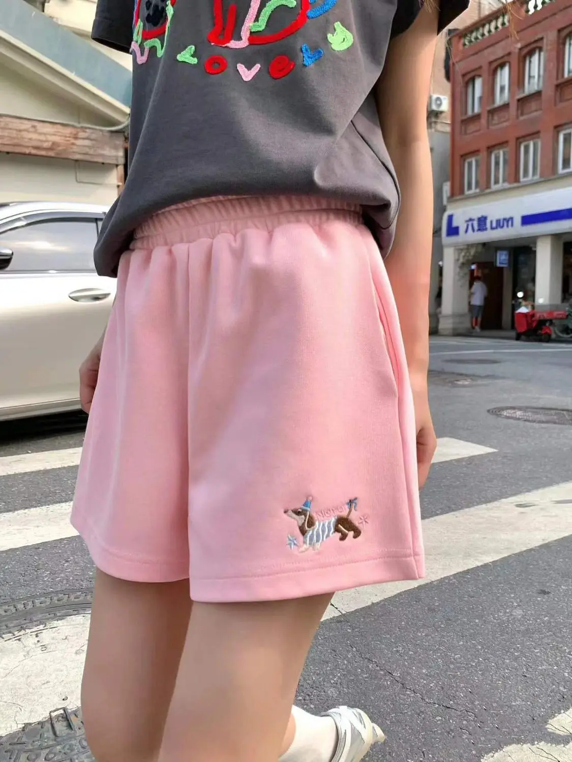 Shorts Puppy Embroidery Women Summer Loose Solid Embroidery BF Wide-Leg Harajuku Casual Simple Ins Trendy All-Match Sweatpants