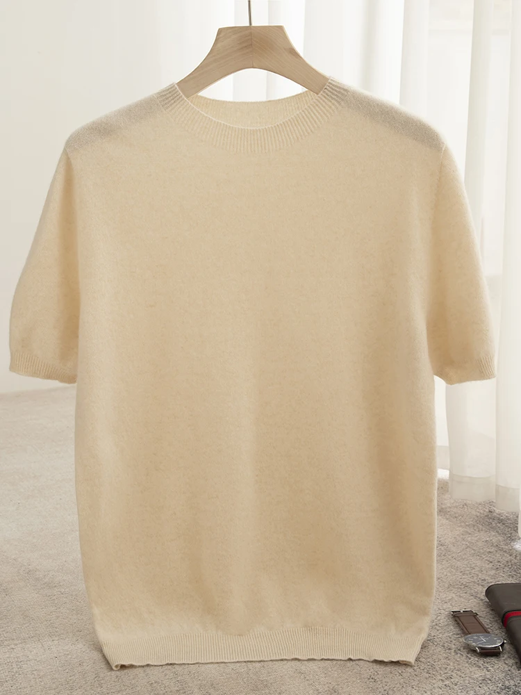 Men Classical T-shirt 100% Merino Wool Sweater O-neck Short Sleeve Pullover Smart Casual Basic Clothing Cashmere Knitwear Tops