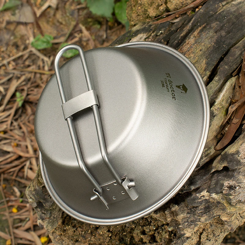 Pure Titanium Bowl with Foldable Handle for Outdoor Camping Hiking