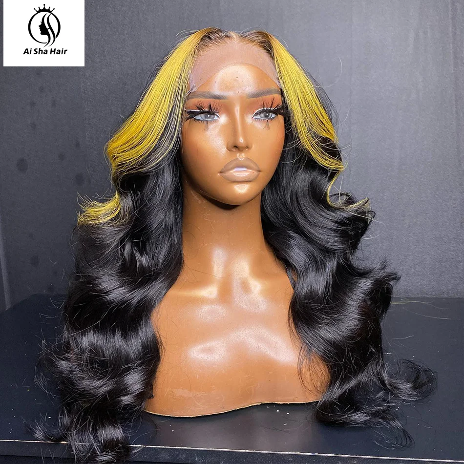 

Ombre Blonde Yellow Lace Frontal Wigs Wavy 13X4 Lace Front Wig 150% Density Pre-Pluck Body Wave 2 Tones Colored Human Hair Wigs