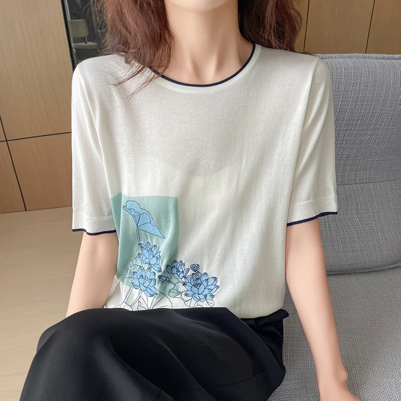 

Women's Contrasting Round Neck Printed Short Sleeved Kilk Knitted Commuting T-shirt 2024 Spring/Summer Quarter Sleeved Top