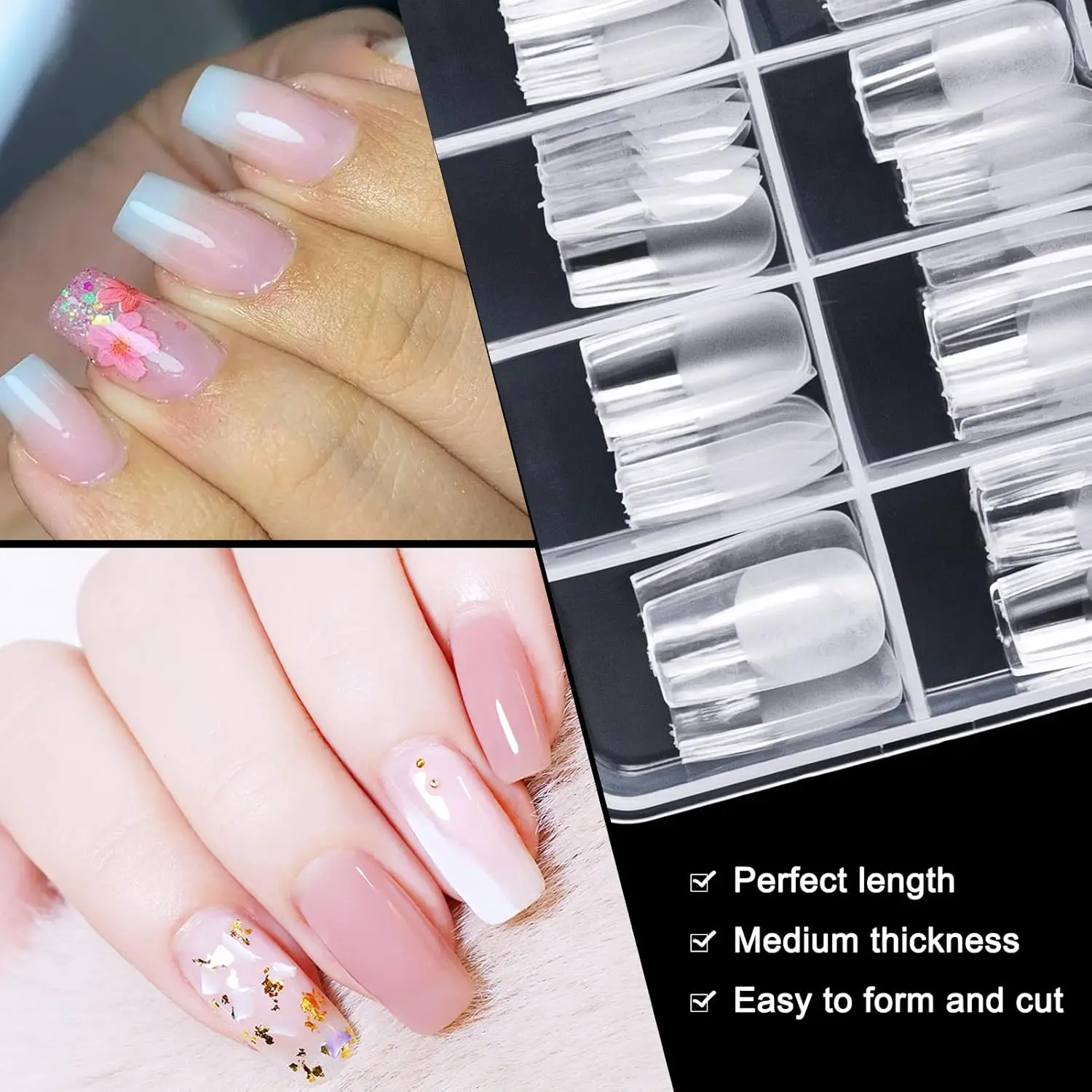 240PCS square nail tips full cover half matte false nails 12 sizes acrylic medium press on nails box for home DIY salon