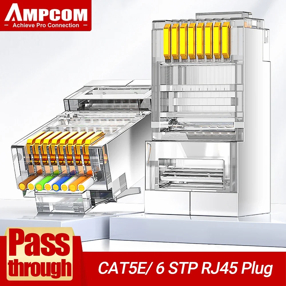 Connettori Ampcom Pass Through Stp Rj45, Cat6 Cat5E Schermato 3/50Kva Spine Modulari 8 P8C Placcate In Oro Estremità A Crimpare Per Cavo Ethernet