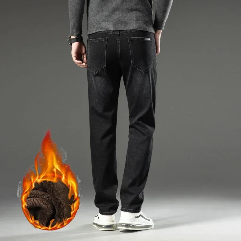 New Winter Men Thick Fleece Elastic Loose Straight Plush Wool Denim Jeans Casual Male Work Durable Warm Thermal Fitting Pants 6
