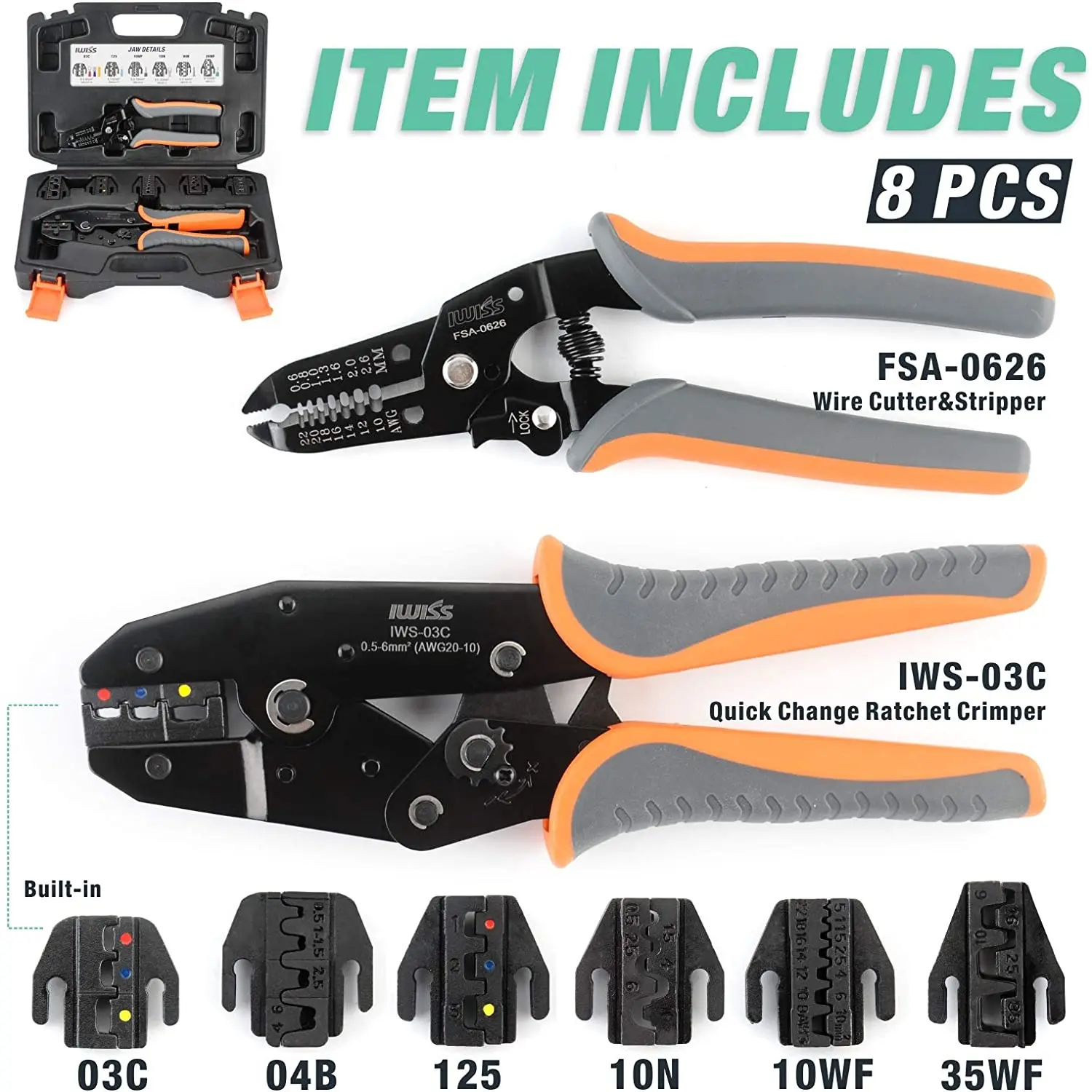 IWISS KIT-0535 Hand Crimping Tools Set 8PCS Quick Replace Jaws Connectors Wire Stripper Pliers Cutter for Non-Insulated Ferrules 2